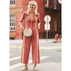 Free People Terracotta Red Open Back Wide Leg Button Front Jumpsuit Small